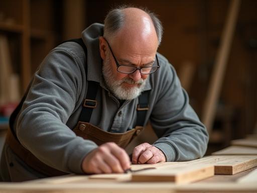 Master craftsman from Precision Woodworks meticulously working on a piece of high-quality timber in a sunlit workshop in Fukuoka.