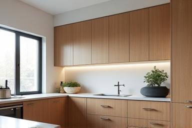 Beautifully crafted custom kitchen cabinetry with sleek lines and natural wood finish by Precision Woodworks.