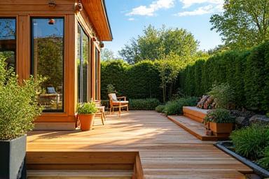 A spacious and inviting wooden deck in a backyard, expertly built by Precision Woodworks, perfect for outdoor living.