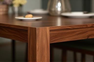 A beautifully handcrafted walnut dining table with unique grain patterns, showcasing Precision Woodworks' furniture making skills.