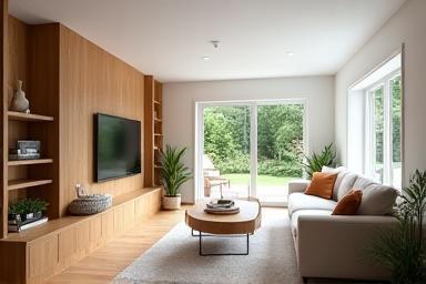 A bright and modern living room after a comprehensive home renovation by Precision Woodworks, featuring custom wooden elements.