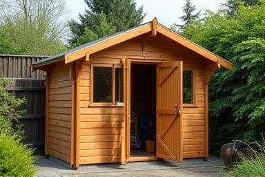 A newly installed, sturdy wooden garden shed serving as a workshop, built by Precision Woodworks.